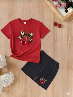 Doce Elegante Kiraz Kurdale Baskılı Yazlık Kız Çocuk Takım
