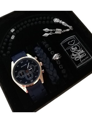 Sevgiliye Hediye Erkek Saat Seti Erkek Kol Saati Çakmak Bileklik Tesbih Hediye Seti Doğum Günü Hediyesi