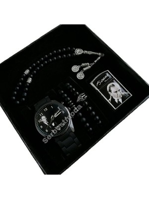 Erkek Hediye Seti Erkek Kol Saatleri Sevgiliye Hediye Atatürk Temalı Isimli Saat Çakmak Bileklik ve Tespih Seti