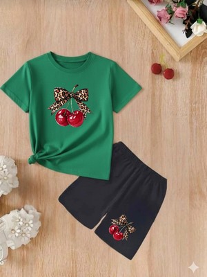 Doce Elegante Kiraz Kurdale Baskılı Yazlık Kız Çocuk Takım