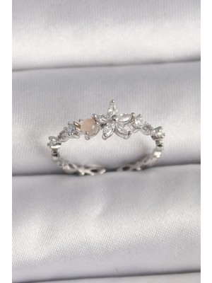 Bfs Pirinç Gümüş Renk Zirkon Taşlı Çiçek Model Ayarlanabilir Yüzük