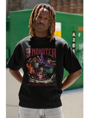 Sevbano E Monster Monkey D. Luffy Roronoa Zoro Baskılı Unisex Oversize One Piece Anime Karakterler Tişört