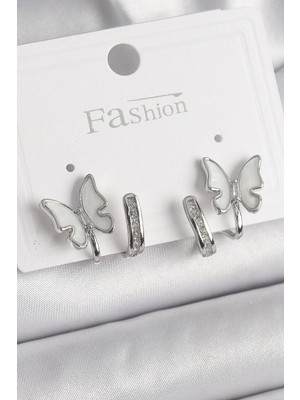 Luord Ticaret Bfs Pirinç Gümüş Renk Zirkon Taş Detaylı Beyaz Sedefli Kelebek Model Kadın Küpe