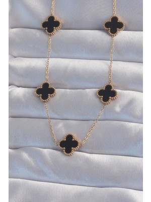 Luord Ticaret Bfs 316L Çelik Gold Renk Siyah Mineli Yonca Kolye