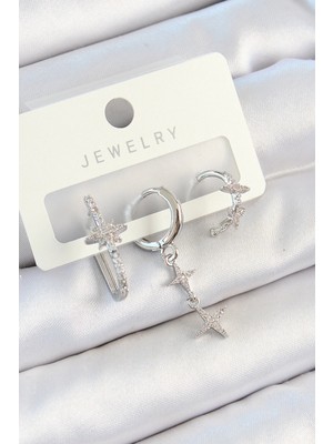 Bfs Pirinç Zirkon Taşlı Kelebek ve Sallantılı Yıldız Model Gümüş Renk 3'lü Çift Kadın Küpe Set