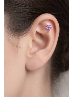 Sacce Scarves & Accessories Mor Çiçekli Helix Piercing Kıkırdak Lob Gold Renk