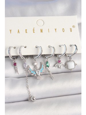 Luord Ticaret Bfs Pirinç Gümüş Renk Zirkon Taşlı Kuş Figür Çiçek Detay 6'lı Kadın Kombin Küpe