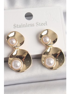 Luord Ticaret Bfs Pirinç Gold Renk Sallantı Inci Detaylı Daire Plaka Model Kadın Küpe