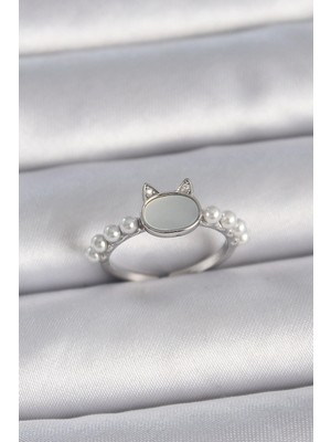 Luord Ticaret Bfs Pirinç Gümüş Renk Ayarlanabilir Beyaz Mineli Kedi Model Inci Detay Kadın Yüzük