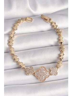 Luord Ticaret Bfs Pirinç Gold Renk Zirkon Taşlı Yonca Model Zincir Kadın Bileklik