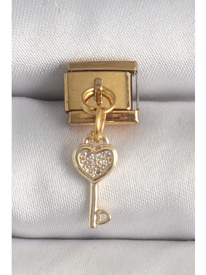 Luord Ticaret Bfs 316L Çelik Gold Renk Sallantı Zirkon Taşlı Kalpli Anahtar Model Nomination Charm