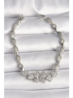 Luord Ticaret Bfs Pirinç Gümüş Renk Zirkon Taşlı Kelebek Figür Damla Zincir Model Kadın Bileklik