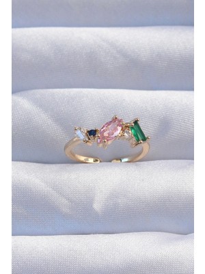 Luord Ticaret Bfs Pirinç Gold Renk Renkli Zirkon Taşlı Ayarlanabilir Yüzük