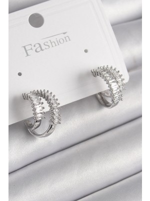 Luord Ticaret Bfs Pirinç Gümüş Renk 2'li Zirkon Taşlı Halka Model Kadın Küpe