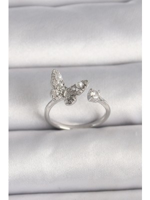 Luord Ticaret Bfs Pirinç Gümüş Renk Zirkon Taşlı Kelebek Model Inci Detay Ayarlanabilir Yüzük