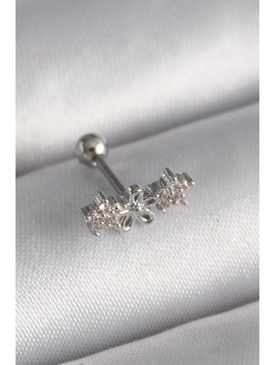 Luord Ticaret Bfs 316L Çelik Gümüş Renk Zirkon Taşlı Çiçek Tragus Piercing