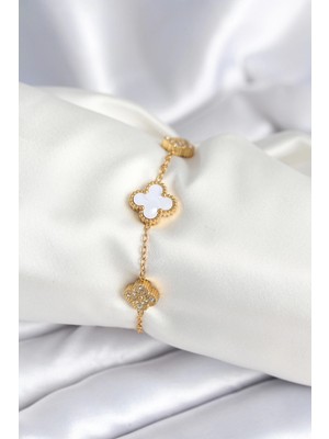 Luord Ticaret Bfs 316L Çelik Zincir Zirkon Taşlı Yonca Beyaz Kadın Bileklik