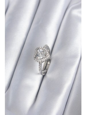 Luord Ticaret Bfs Pirinç Gümüş Renk Zirkon Taşlı Kalp Charm Model Kadın Yüzük