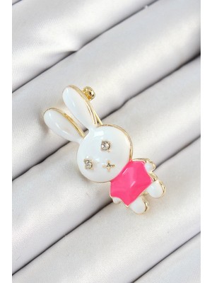 Luord Ticaret Bfs Zirkon Taş Detaylı Beyaz ve Pembe 3D Tavşan Figürlü Kadın Broş