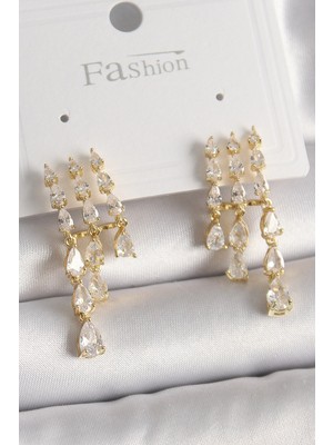 Luord Ticaret Bfs Pirinç Gold Renk Zirkon Taşlı Yağmur Model Kadın Küpe