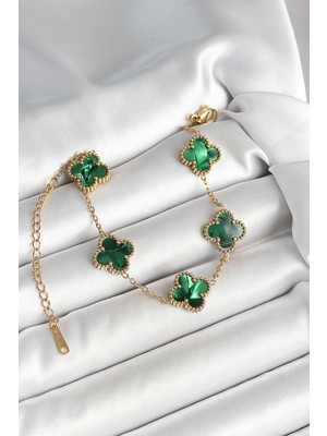 Luord Ticaret Bfs 316L Çelik Sedefli Zümrüt Yeşil Gold Renk Yonca Kadın Bileklik