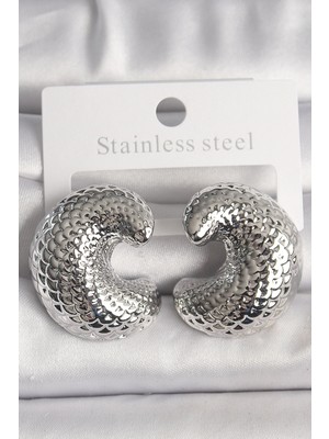 Luord Ticaret Bfs Pirinç Gümüş Renk Yılan Sırtı Işlemeli Yarım Halka Model Kadın Küpe