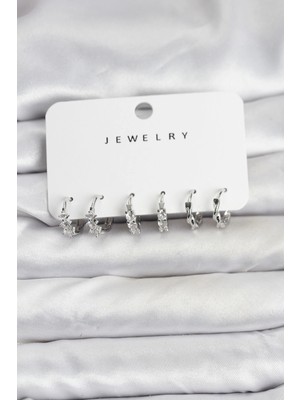 Luord Ticaret Bfs Pirinç Gümüş Renk Zirkon Taşlı Kadın Küpe Seti