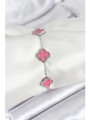 Luord Ticaret Bfs 316L Çelik Gümüş Zincir Pembe Renk Yonca Bileklik