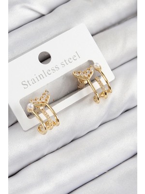 Luord Ticaret Bfs Pirinç Zirkon Taşlı Inci Detaylı Balık Kuyruğu Model Gold Renk Kadın Küpe