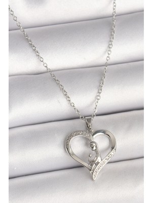 Luord Ticaret Bfs 316L Çelik Gümüş Renk Zincir Zirkon Taş Detaylı Kalp Model Kadın Kolye