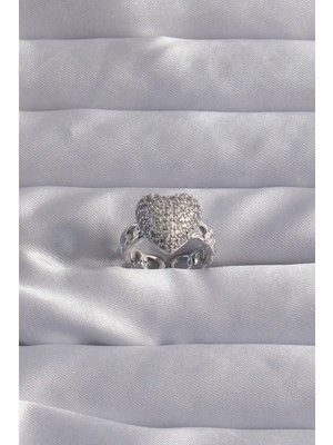 Luord Ticaret Bfs Pirinç Ayarlamalı Gümüş Renk Zirkon Taşlı Bombeli Kalp Yüzük