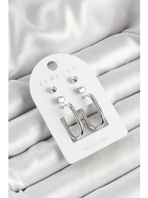 Luord Ticaret Bfs Pirinç Zirkon Taş ve Dikdörtgen Figürlü Gümüş Renk 3'lü Çift Kadın Küpe Set