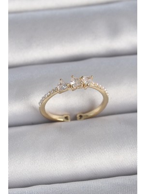 Luord Ticaret Bfs Pirinç Gold Renk Zirkon Taşlı Kalp Inci Detaylı Ayarlanabilir Model Kadın Yüzük