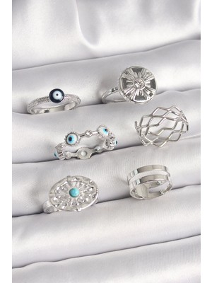 Luord Ticaret Bfs Pirinç Gümüş Renk Nazar Boncuk Zirkon Taş Detaylı Dalga Figür Kadın Yüzük Kombini