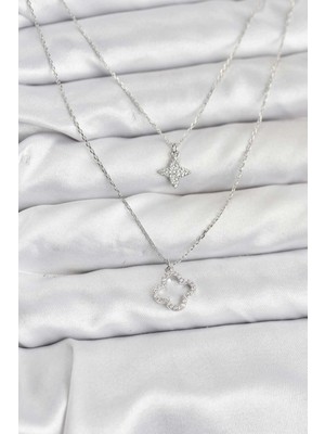 Luord Ticaret Bfs Pirinç Gümüş Renk Yonca Model 2'li Kadın Kolye