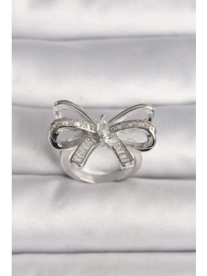 Luord Ticaret Bfs Pirinç Gümüş Renk Ayarlanabilir Zirkon Taşlı Kurdele Model Kadın Yüzük