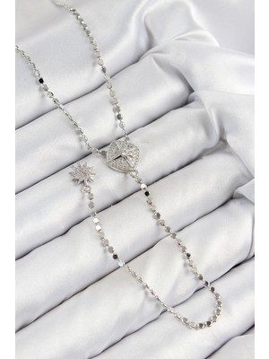 Luord Ticaret Bfs Pirinç Zirkon Taşlı Ezme Zincirli Madalyon Model Gümüş Renk Y Kolye