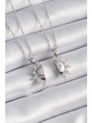 Luord Ticaret Bfs 316L Çelik Gümüş Renk Zirkon Taşlı Güneş Model Işleme Yazı Detay Arkadaşlık Kolyesi