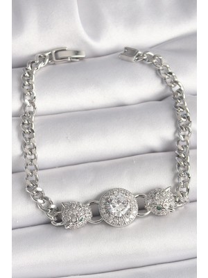 Luord Ticaret Bfs Pirinç Gümüş Renk Zirkon Taşlı Leopar Figür Zincir Model Kadın Bileklik