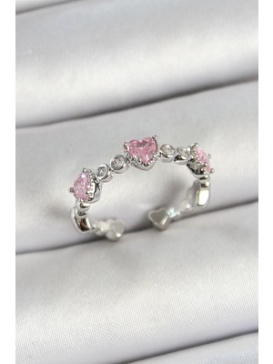 Luord Ticaret Bfs Pirinç Sıralı Kalp Figürlü Zirkon Taşlı Gümüş Renk Ayarlanabilir Kadın Yüzük