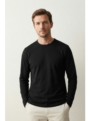elemge %100 Pamuk Erkek Süprem Uzun Kollu Basic T-Shirt Compact Penye Siyah Sporcu Tişört Body