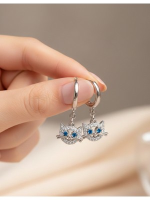 Keskin Gümüş 925 Ayar Gümüş Kedi Tasarım Kadın Küpe Sevgililer Günü Hediye