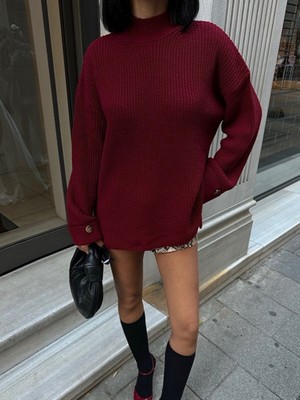Mery Mery Boutique Bordo Salaş Geniş Kollu Uzun Kazak