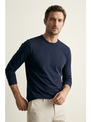 elemge %100 Pamuk Erkek Süprem Uzun Kollu Basic T-Shirt Compact Penye Lacivert Sporcu Tişört Body