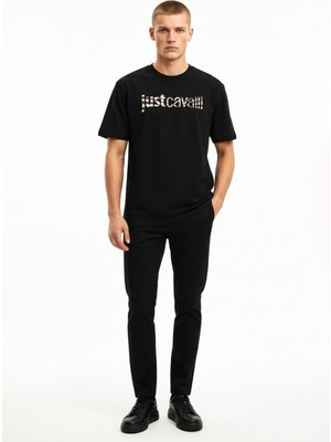 Just Cavalli Bisiklet Yaka Siyah Erkek T-Shirt 78PM601 Logo Leo