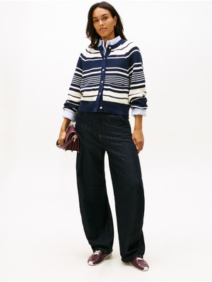 Tommy Hilfiger Lacivert Kadın Yuvarlak Yaka Standart Fit Çizgili Hırka Co Cardı Stıtch C-Nk Ls Cardı