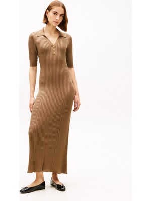 Tommy Hilfiger V Yaka Düz Kahve Standart Kadın Elbise Co Rayon Rıb Polo F&f Dress