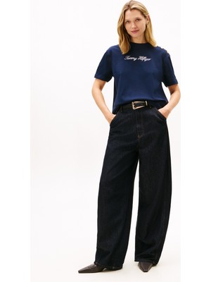 Tommy Hilfiger Lacivert Kadın Standart Fit Baskılı T-Shirt Gold Btn Scrıpt Mdrn Ss Tee