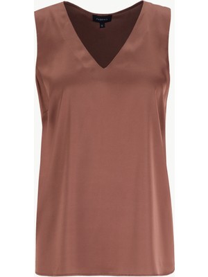 Fabrika V Yaka Düz Kahve Kadın Bluz F6SL-BLZ0196