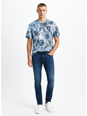 Just Cavalli Bisiklet Yaka Mavi Erkek T-Shirt 78PM601 Embroıdery